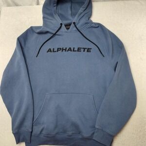 Alphalete Hoodie Mens L Blue Pullover Hooded Pockets Graphic‎ Print Heavyweight